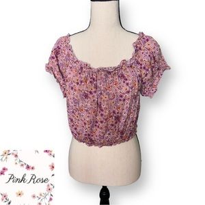 Pink Rose Floral Gathered Cottagecore Lettuce Hem Top Size Large